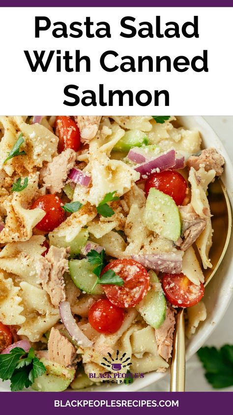 This Canned Salmon Pasta Salad is a budget-friendly summer side dish with fresh vegetables, tender pasta, and salmon tossed in an Old Bay vinaigrette. #recipes #pastasalad #cookout #bbq #healthyrecipes #sidedishrecipes