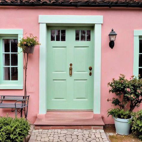 15 Cute Pink House Exterior Ideas for a Charming Home Pink Painted House Exterior, Pink Victorian House Exterior, Pink House Green Door, Pink And Green House Exterior, Pink Beach House Exterior, Pink House Exterior Modern, Cute Pink House, Pink Victorian House, Pink House Exterior