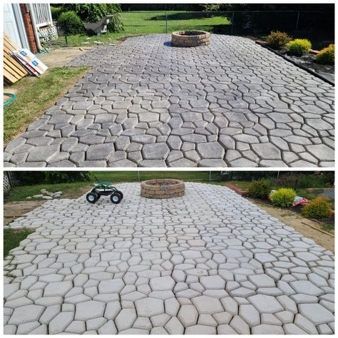 Light Charcoal Stained Patio Pavers Made with Quikrete Country Stone Walk Maker Mold - Photo Concrete Stain Diy, Walkmaker Patio, Stained Patio, Outdoor Concrete Stain, Concrete Paver Patio, Walk Maker, Paver Lights, Concrete Stain, Paving Ideas