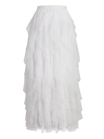 Shop White Ruffled Tulle Skirt. Find your perfect size online at the best price at New York & Company. Tulle Pants, White Tulle Skirt, Fancy Skirts, Big Skirts, White Long Skirt, Puffy Skirt, Ruffle Maxi Skirt, Fluffy Skirt, Dress Simple