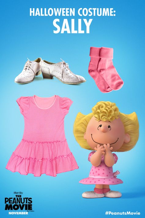 Think pink. Who is going as Sally this Halloween? Sally Peanuts Costume, The Peanuts Halloween Costumes, Sally Charlie Brown Costume, Peanuts Gang Halloween Costumes, Peanuts Gang Costumes Diy, Sally From Charlie Brown, Charlie Brown Family Costume, Sally Brown Costume, Brown Halloween Nails