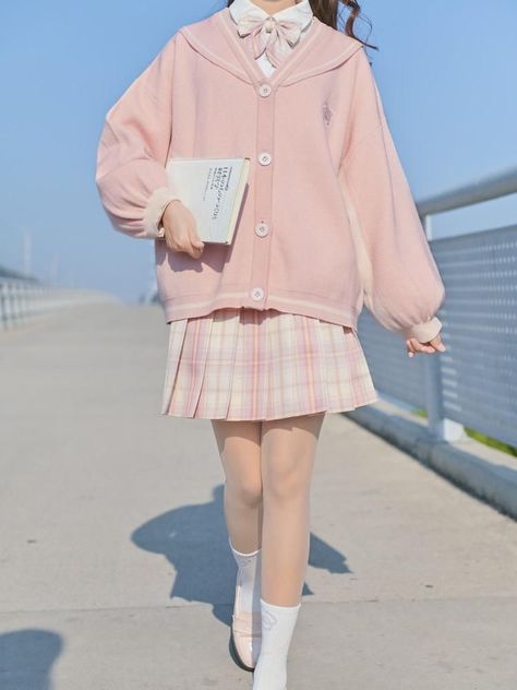 Cute Outfits Pastel, Sailor Cardigan, Cute Kawaii Outfits, Cute Pink Outfits, Clothes Kawaii, Kawaii Outfit Ideas, Kawaii Sweater, Mode Kawaii, Fashion Kawaii