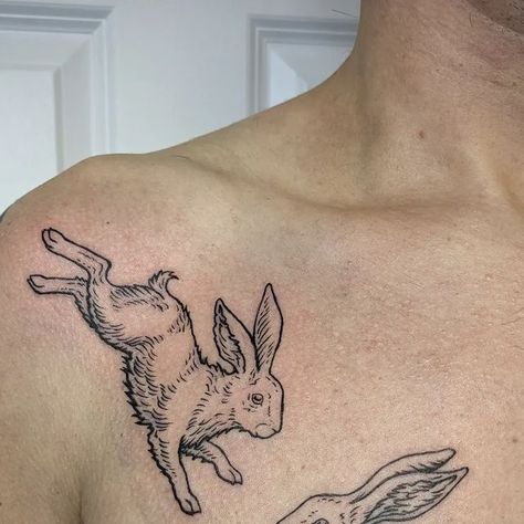 Rabbit Tattoo Drawing, Mens Rabbit Tattoo, Jumping Hare Tattoo, 3 Hares Tattoo, Folk Art Rabbit Tattoo, Dog And Rabbit Tattoo, Medieval Rabbit Tattoo, Celtic Rabbit Tattoo, Rabbit American Traditional Tattoo