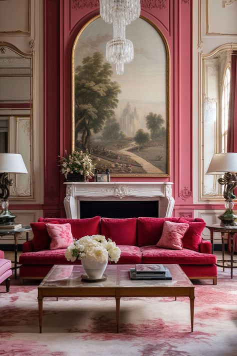 pink retro livingroom Pink Wall Paint, Bright Pink Wall, Parisian Interior, Month Of Love, Barbie Vibes, Deco Rose, Classic Interior Design, Classy Decor, Colourful Living Room