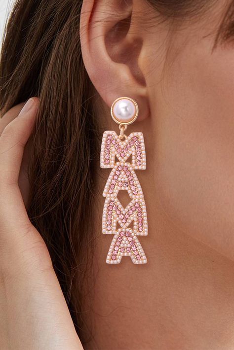 $1.98 Apricot Pink MAMA Rhinestone Pearl Dangle Stud Earrings Wholesale Cocktail Dress Classy, Script Necklace, Black Keychain, Pearl Letters, Elegant Wedding Reception, Mom Keychain, Sleek Dress, I Love Mom, Pink Rhinestones