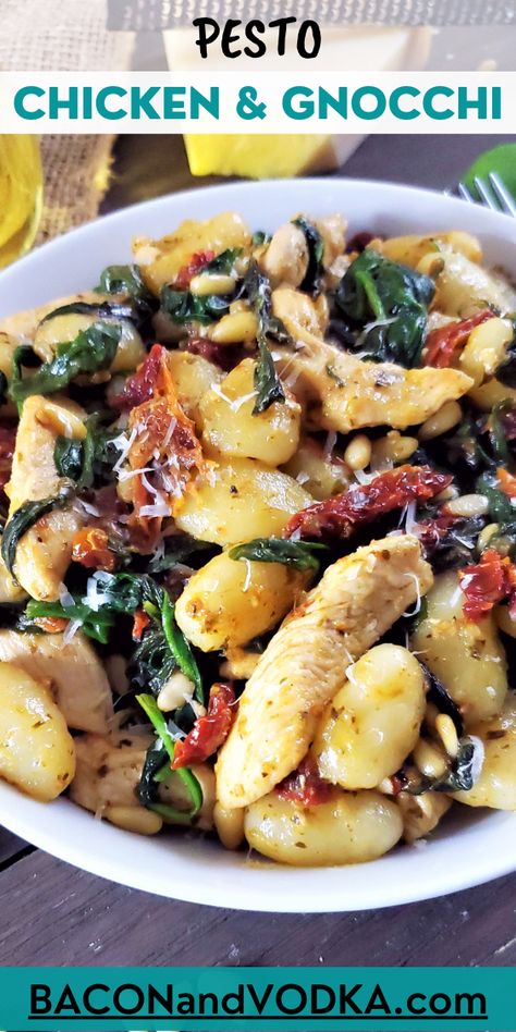 Gnocchi Recipes Chicken, Pesto Gnocchi Recipes, Pesto Chicken Gnocchi, Gnocchi Bacon, Vodka Chicken, Gnocchi Recipes Healthy, Bacon Vodka, Pesto Dishes, Chicken And Gnocchi