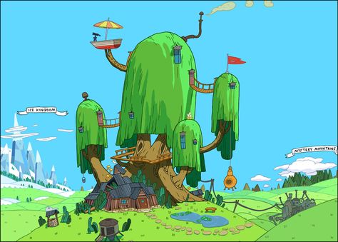 The Tree Fort is a "guard outpost" on the edge of the Candy Kingdom, as well as the home of Finn, Jake, Shelby, BMO, and Neptr, and where they can usually be found when they aren't adventuring. It was formerly owned by Marceline, as revealed in "Evicted!." The fort includes a living room, a bedroom, a kitchen, a pond, a well, a bathroom, a chicken coop, a treasure room, an attic, a storage cave/garage (shown in "What is Life?"), a secret place (shown in "Dad's Dungeon" and a wide look-out... Tree Fort, Adventure Time, Tree House, Fort, Illustrations