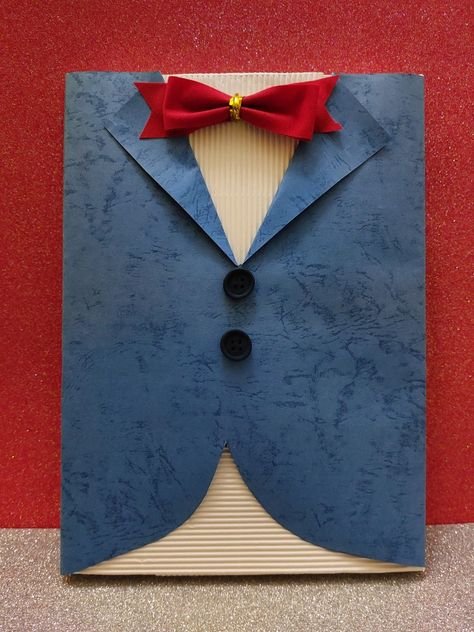 Gift box wrapped like a tuxedo with blue jacket white shirt and red bow tie T Shirt Gift Wrapping Ideas, Shirt Gift Wrapping Ideas, Shirt Gift Wrapping, Wall Scenery, Tie Box, Gift Wrapping Inspiration, Red Bow Tie, Diy Gift Wrapping, Wrapping Ideas