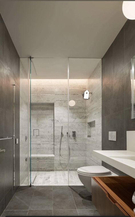 Walk In Shower Ideas, Porcelain Tile Bathroom, Recessed Panel Cabinets, Dark Wood Cabinets, Bathroom Inspiration Modern, Bathroom Photos, Bathroom Tile Designs, White Doors, Grey Cabinets