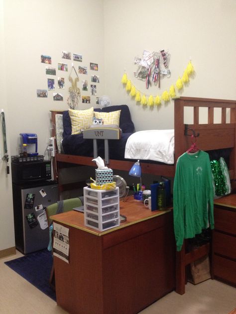 Blue and yellow freshman dorm at UNT Rawlins Hall. #unt #rawlinshall #dorm Reid Hall Dorm Room, Unt Dorm, Dorm Blue, Ball State University Dorm, Adohi Hall Dorm Room, Tiny Bedroom Storage, Cramped Dorm Room, Clement Hall Dorm Utk, Dorm Room Organization Storage