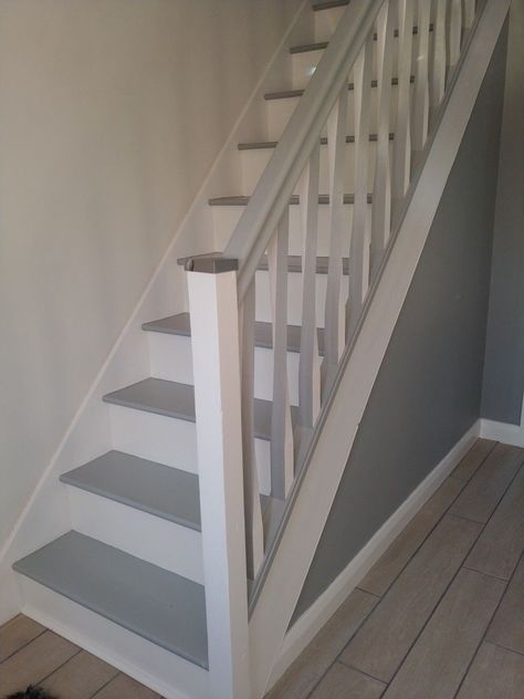 Grey And White Stairs And Landing, Grey And White Painted Stairs, Grey And White Bannister, Grey Balustrade, Grey And White Stairs, Grey Bannister, Grey And White Staircase, Bannister Ideas Painted, Gray Staircase