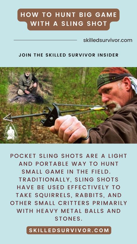 Pocket sling shots are a light and portable way to hunt small game in the field. Traditionally, sling shots have be used effectively to take squirrels, rabbits, and other small critters primarily with heavy metal balls and stones. In this video, Dave Canterbury from the Pathfinder School in Ohio demonstrates how to hunt big game with a slingshot. #guns #oregun #wilderness #pacific #leftcoast #skilledsurvivor #survival #gunsdaily1 #dailybadass #worldofweapons #getoutside #rifleholics #survival Dave Canterbury, Sling Shots, Survival Prep, Hunting Videos, Sling Shot, Big Game Hunting, Small Games, Metal Ball, Survival Prepping