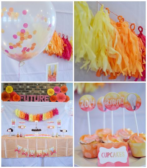 Bright Future themed graduation party for a Girl via Kara's Party Ideas KarasPartyIdeas.com Cake, decor, printables, favors, etc! #graduationparty #girlygraduationparty #lightbulb (2) Party Graduation Decorations, Future Is Bright Graduation, Themed Graduation Party, Graduation Clothes, Preschool Graduation Party, Grad Decor, Party Decorations Graduation, Graduation Party Pictures, High School Graduation Party Decorations