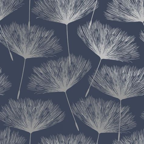 Glistening Fleur Wallpaper Navy / Silver Holden 12922 Whimsical Wallpaper, Dandelion Wallpaper, Dream Wallpaper, Powder Bathroom, Soft Background, Bedroom Wallpaper, Navy Wallpaper, Painting Decor, Accent Wall Bedroom