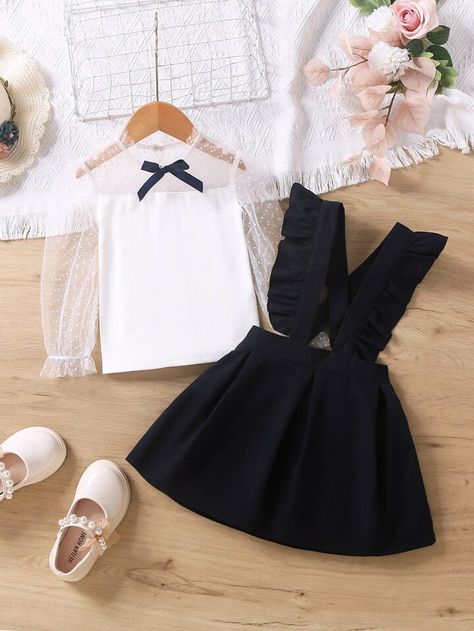 Navy Blue Cute Collar Long Sleeve Colorblock Embellished Slight Stretch Young Girls Clothing Suspender Skirt Toddler, Flounce Sleeve Top, Outfit Elegantes, Shein Kids, Girl Fashion Style, Kids Fashion Dress, Suspender Skirt, Flounce Sleeve, Girls Toddler