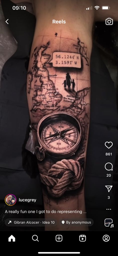 Nautical Map Tattoo, Rope Tattoo, Map Tattoo, Map Of Britain, Dad Tattoo, Tattoos Arm, Lighthouse Tattoo, Map Compass, Map Tattoos