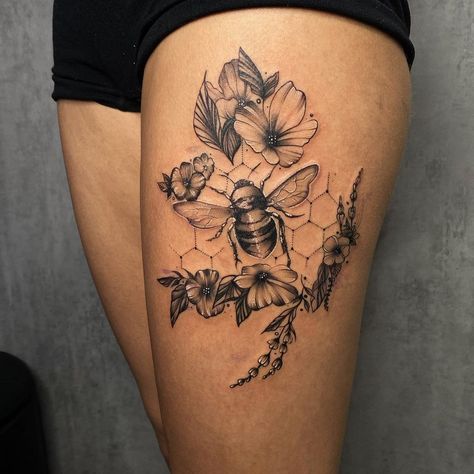 Beehive Filler Tattoo, Bee Tattoos With Honeycomb, Busy Bee Tattoo, Bee Shoulder Tattoos For Women, Thigh Bee Tattoo, Thigh Peices Tattoos, Sunflower Tattoo Ideas Female, Women’s Leg Tattoo Ideas, Bees And Butterflies Tattoo