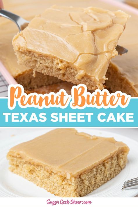 This peanut butter sheet cake recipe is packed with peanut butter flavor from the soft cake and gooey peanut butter glaze. Similar to the chocolate Texas sheet cake, this huge and tasty peanut butter version comes together in just 30. The perfect cake for large gatherings, birthday parties, weddings, and BBQs. #peanutbutterdessert #peanutbuttercake #sheetcake #partydessert Peanut Butter Texas Sheet Cake, Peanut Butter Sheet Cake, Texas Sheet Cake Recipe, Texas Sheet, Texas Sheet Cake, Peanut Butter Cake, Sheet Cake Recipes, Daily Recipes, Peanut Butter Lovers