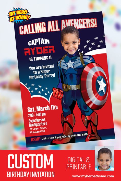 Custom Captain America Birthday Invitation, personalized Captain America Digital Invitation, Captain America theme party, Captain America invitation, Captain America party ideas, Captain America birthday ideas, Captain America theme Party. #CaptainAmericaBirthday #CaptainAmericaParty #CaptainAmericaInvitation #CaptainAmericaPhotoInvitation #CaptainAmericaDecor #myheroathome Captain America Party Favors, Captain America Invitation, Captain America Decorations, America Themed Party, Captain America Photos, Captain America Party, Captain America Poster, Captain America Birthday, Capt America