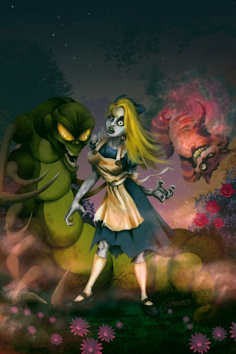 Zombie Alice by Gregbo Watson, via Behance Twisted Disney Princesses, Zombie Princess, Evil Princess, Alice In Wonderland Illustrations, Disney Horror, Evil Disney, The Cheshire Cat, Zombie Disney, Zombie Art