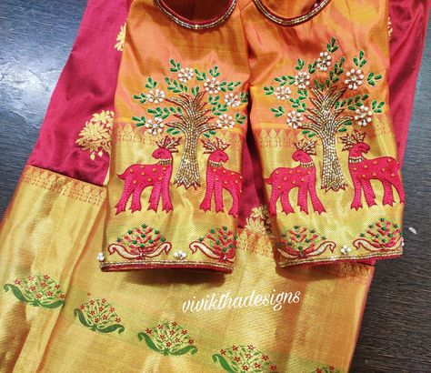 An elegant and empire one by viviktha # detailing with deers and trees # beads work blouse # bridal blouses # Indian brides # kundan work # ethnic outfit # customized blouse designs Deer Aari Work Blouse, Tree Design Aari Work Blouse, Aarya Work Blouse Designs, Beads Work Blouse, Ns Creations, Blouses Indian, Bridal Blouses, Best Blouse Designs, Kundan Work