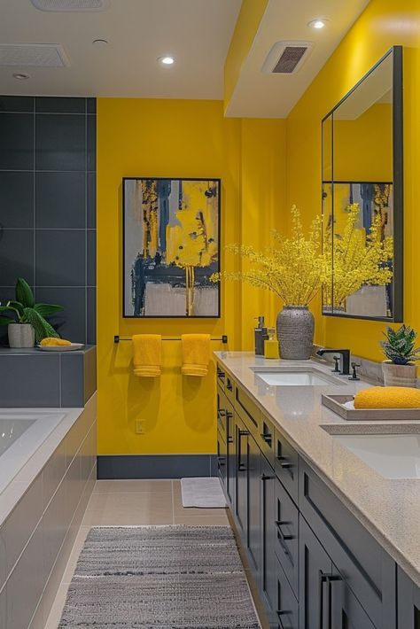 29 Sunny Yellow Bathroom Decor Ideas to Brighten Your Space 4 Mustard Bathroom Ideas, Blue And Yellow Bathroom Ideas, Mustard Yellow Bathroom, Yellow And Blue Bathroom, Mustard Bathroom, Cosy Bathroom, Yellow Bathroom Decor, Boho Bathroom Decor, Yellow Bathroom