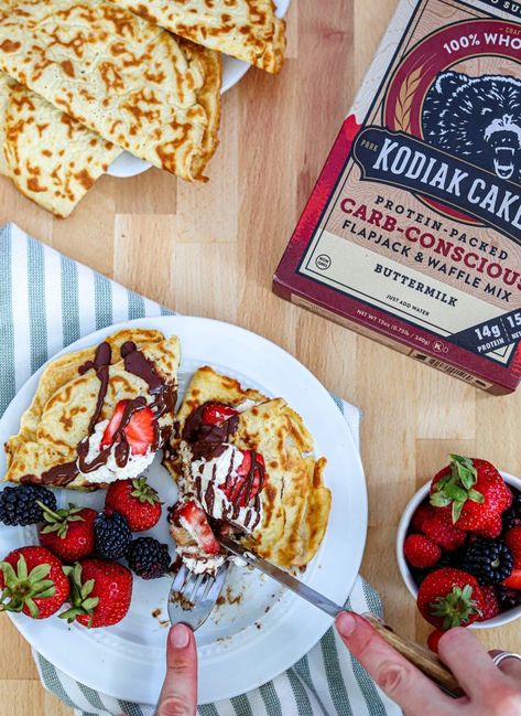 Cake Crepes, Low Carb Crepe, Kodiak Cakes Recipe, Joy Bauer Recipes, Easy Spring Recipes, Easy Clean Eating Recipes, Kodiak Cakes, Easy Clean Eating, Waffle Mix