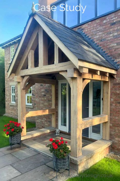 An absolute statement oak porch with its chunky timbers - stunning!  #oakbydesign #oakporch #porch #bespoke Timberframe Porch, Oak Porches, Porch Oak, Oak Porch, Porch Extension, Oak Framed Buildings, Engineered Oak Flooring, Village Home, Side Porch