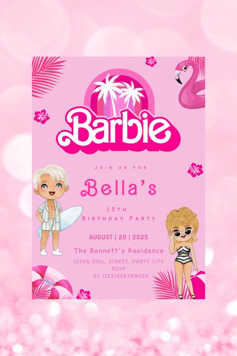 Birthdays are special! Looking to bring your family and friends together to celebrate hitting another milestone and need some invitations? Look no further! These digital, Editable Barbie Birthday Invitations are the ones for you! Enjoy and send this Cute Doll Invitation, Barbie and Ken Themed Party, Beach Party Instant Download Template today! Barbie And Ken Theme Party, Barbie Pool Party Invitations, Barbie And Ken Party, Barbie Pool, Pool Birthday Invitations, Barbie Birthday Invitations, Barbie Pool Party, Birthday Invitation Pink, Doll Template