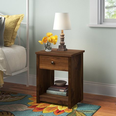 Andover Mills™ Kaczmarek Nightstand & Reviews | Wayfair Brown Wood Bedroom, Cozy Lodge, Drawer Set, Nightstand Wood, Decorative Storage Baskets, Wood Bookcase, Wood Bedroom, Finished Basement, Wood Nightstand