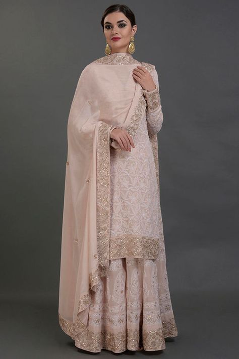 Pre-Order Chikankari & Gota Patti Hand Embroidered Sharara Suit Gharara Designs Pakistani Bridal, Gharara Designs, Embroidered Sharara, Sharara Designs, Capsule Wardrobe Women, Lace Saree, Sharara Suit, Indian Bridal Wear, Boutique Dress Designs