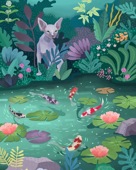 Sphinx Cat, Garden Illustration, Koi Fish Pond, Fish Illustration, Graphic Design Layouts, Fish Pond, Animals Artwork, Nature Illustration, Editorial Illustration