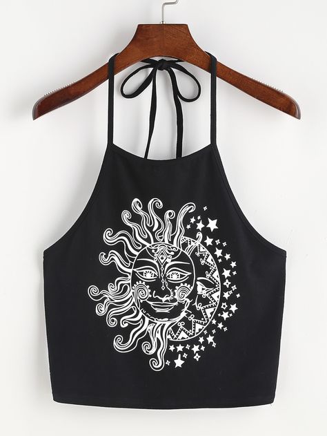 Shein Tribal Print Halter Neck Crop Top Sun And Moon Print, Halter Neck Crop Top, Women's Henley, Crop Tops Online, Trendy Shirt Designs, Summer Outfits For Teens, T Shirt Crop Top, Trendy Fashion Tops, Crop Top Outfits