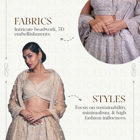 In the 2020s, Indian bridal fashion took a bold leap, blending traditional elements with contemporary aesthetics. This decade marks a significant shift—brides are embracing who they are, showcasing their individuality with confidence.💓 Dusky pastels, shimmery silvers, and elegant champagnes are the colors of this new era, symbolizing a move away from the conventional towards the bold and beautiful. 🌷 This new generation of brides represents a new chapter in Indian fashion, where minimalis... Grid Instagram, Post Layout, Typography Tutorial, Indian Clothing Brands, Fashion Magazine Layout, Khadi Saree, Wedding Week, Indian Bridal Fashion, Fashion Aesthetics