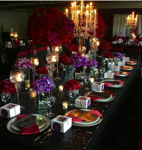 Red And Dark Purple Wedding, Black Red And Purple Wedding Theme, Red Purple And Gold Wedding, Red And Purple Party, Dark Purple And Red Wedding Theme, Red Purple Black Gold Wedding, Black Red And Purple Wedding, Purple Red Wedding Decor, Red And Purple Wedding