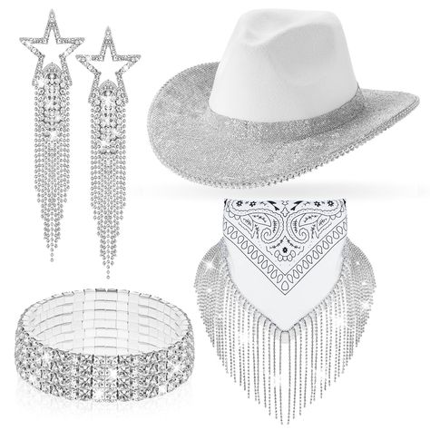 PRICES MAY VARY. Stylish Ensemble: the package consists of a glittered cowgirl hat, dazzling disco bandana, shiny rhinestone bracelet, and a pair of cowgirl star earrings; This stylish set is an ideal choice for distinctive style and the mainly silver color of the accessories complements the hat beautifully, amplifying your appeal in various settings Shimmering Design: every element in this package is designed to shine; The rhinestones embedded on the hat with a wide brim, bandana, and silver je Jeweled Cowboy Hat, Rhinestone Rodeo Party, Black And Silver Cowgirl Outfit, Rave Bachelorette Party, Rave Bachelorette, Rhinestone Cowgirl Outfits, Glitter Cowgirl Hat, Cowgirl Costume For Women, Glitter Cowgirl