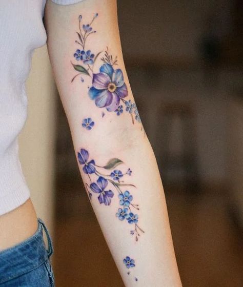 Bird Arm Tattoos For Women, 110 Tattoo, Porcelain Tattoo, Forget Me Not Flower Tattoo, Forget Me Not Tattoo, Ivy Tattoo, Bunny Tattoo, M Tattoos, Flower Wrist Tattoos