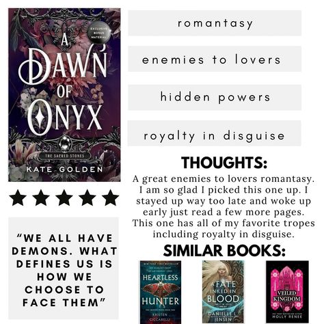 A Dawn of Onyx Kate Golden This book was so dang good! It was a page-turner. I could not put it down. I stayed up way too late and woke up way too early to read. I absolutely adored Arwen and Kane. Their relationship was so fun to read about and watching it all unfold was addicting. That ending was so heartbreaking and I can’t wait to read book 2. Some of the twists were a bit predictable, but I read so many books of this genre it is easy for me to predict. But it was still a gripping story... Batik Tradisional, Blood Hunter, Sacred Stones, Page Turner, Read Book, How To Wake Up Early, Book Nooks, Stay Up, Too Late