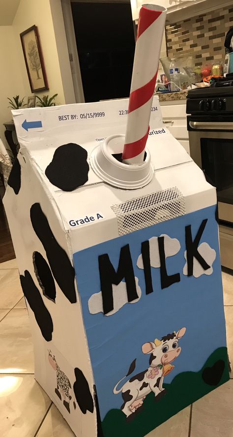 Milk Carton Costume Diy, Milk Carton Costume, Big Cardboard Box Ideas, Milk Carton Crafts, Big Cardboard Boxes, Kids Milk, Farm Fresh Milk, Box Costumes, Milk Packaging