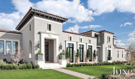 The structure, with its pristine stucco façade, clay tile roof and stately limestone trimmed French doors and windows, is every bit patrician Mediterranean on the exterior. Paint Colors For House, Colors For House, Mediterranean Homes Exterior, Mediterranean Exterior, Building Envelope, Amazing Homes, Stucco Homes, Mediterranean Style Homes, Mediterranean Home Decor