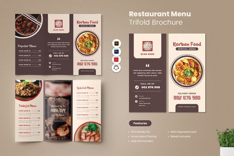 Restaurant Menu Trifold Brochure Template is corporate business brochure or flyer template will help you to promote your any project purpose with elegant, modern, simple, minimalist and professional design. With professional design you can use this template for any kind of businesses, company, corporate and any marketing promotion. Features :  Template available on Illustrator & Photoshop A4 Paper Size Very Easy to Edit Easy text layout edit Edit color customize Bleed ready Print ready : CMYK, 3 Menu Trifold, Layout Edit, Food Brochure, Restaurant Brochures, Brochure Food, Menu Design Inspiration, Menue Design, Menu Layout, Menu Flyer