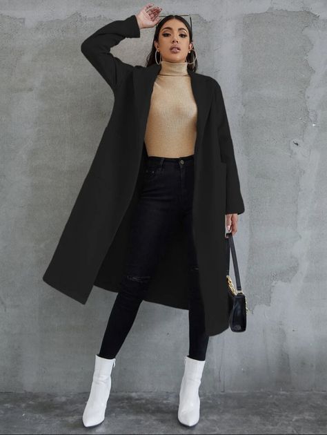 Long Black Coat Outfit, Oversized Coat Outfit, Black Cropped Jean Jacket, Spring Coat Outfit, Black Sweatsuit, Black Coat Outfit, Winter Outfits Snow, Simple Winter Outfits, Black Overcoat