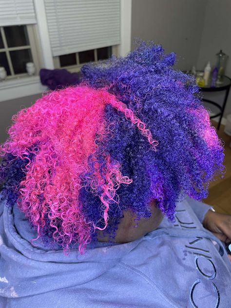 Blue And Pink Hair Dye, Blue And Purple Curly Hair, Rainbow Hair Dye, Multi Colored Afro Natural Hair, Blue And Purple Natural Hair, Blue And Purple Mixed Hair, Dyed Afro Hair 4c Purple, Coily Hair Care, Purple And Pink Hair