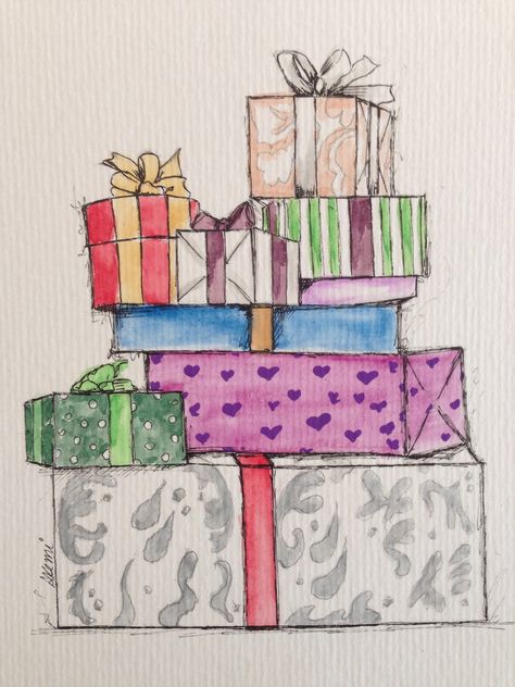 Pile Of Presents Drawing, Christmas Presents Drawing, Watercolor Presents, Presents Drawing, Christmas Present Drawing, Christmas Gift Drawing, Present Drawing, Xmas Drawing, Gifts Drawing