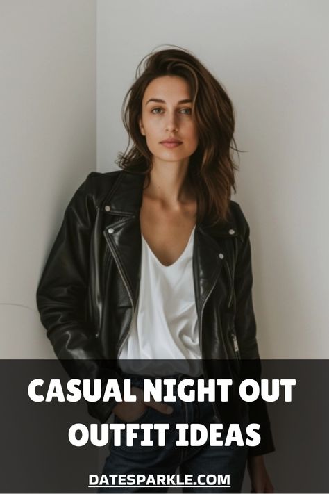 Woman in a leather jacket and white shirt promoting casual night out outfit ideas. Boyfriend Jeans Date Night Outfit, Outfits To Wear To A Bar Night, Night Out In Your 30s Outfit, Classy Casual Date Night Outfit, Casual Girls Night Out Outfit Ideas, Evening Outfits For Women Going Out, Dinner Date Night Outfit Casual, Dressing Up Jeans For Night Out, Outfit Ideas Night Out Casual