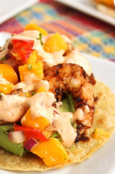 Grilled Shrimp Tostadas with Mango Salsa and Chipotle Cream - The Suburban Soapbox Shrimp Ceviche With Avocado, Shrimp Mango, Shrimp Tostadas, Shrimp Ceviche, Shrimp Tacos, Tex Mex Recipes, Mango Salsa, Grilled Shrimp, Mexican Dishes