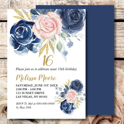 Blue And Pink Invitations, Navy And Pink Wedding Invitations, Navy Blue Blush Pink Wedding Invitations, Floral Party Theme, Navy And Pink Invitations, Navy Blue And Light Pink Wedding Invitation, Sweet 16th Birthday, Navy Blue And Pink, 16th Birthday Invitations