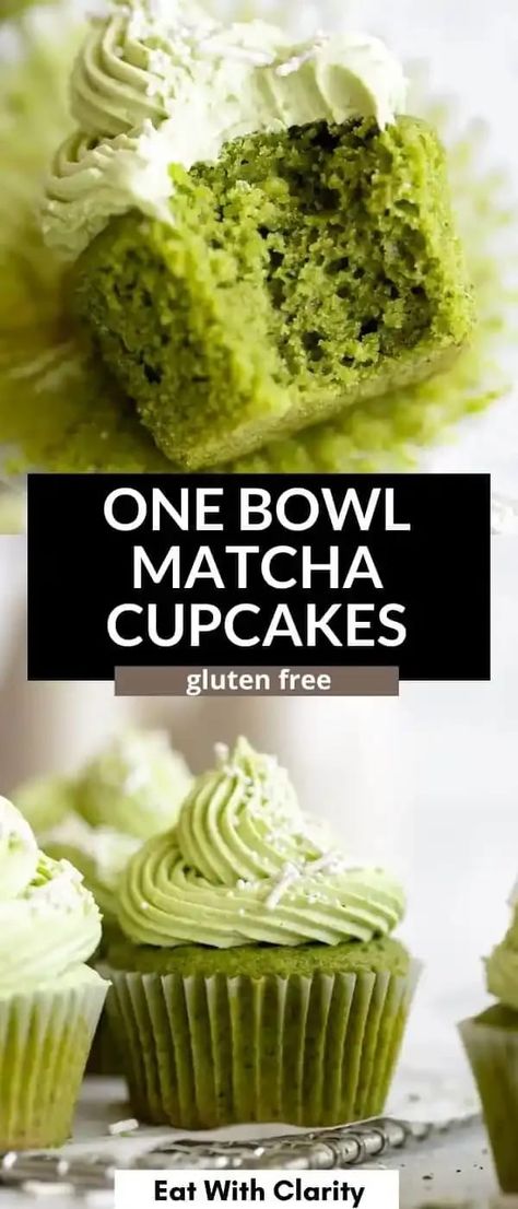 These gluten free matcha cupcakes are soft, fluffy and made in one bowl. These dairy free cupcakes have a delicious vanilla and green tea flavor and are finished with a dairy free matcha buttercream frosting. The perfect one bowl cupcake recipe! Macha Cupcake, Dairy Free Matcha, Green Tea Muffins, Matcha Buttercream, Hawaii Snacks, Matcha Dessert Recipes, Green Tea Cupcakes, Matcha Muffins, Matcha Cupcakes