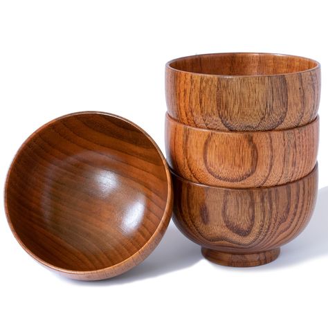 PRICES MAY VARY. Pack of 4PCS bowls. Dimension: 4-1/8in Dia x 2-5/8in H x 2in Deep. The bowl is lathe-turned from ONE solid piece of hard wood, Jujube wood, NOT from pressed and glued pieces. Each bowl is manual grinding and hand sealed with natural plant oily finish which is food safe. Each bowl is unique since it is a natural product and wood grain varies by year and the tree grows. It is nice to see that natural character in the bowl, while respecting the part of the life of a tree went into Natural Dinnerware, Wooden Plates And Bowls, Bowl Mug, Wood Plates, Garage Bedroom, Wooden Salad Bowl, Kitchen Aesthetic, Rice Soup, Coffee Decor