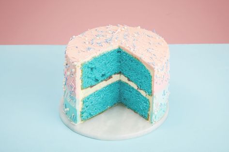 go to website to see the whole cake, its lovely. Pink to blue ombre with blue white and baby pink sprinkles. the sprinkles really make it. Supplies: speciality sprinkles Blue Gender Reveal Cake, Raspberry Compote, Blue Gender Reveal, Pink Sprinkles, Whole Cake, Vanilla Sponge, Gender Reveal Cake, 7 Layers, Bday Cake